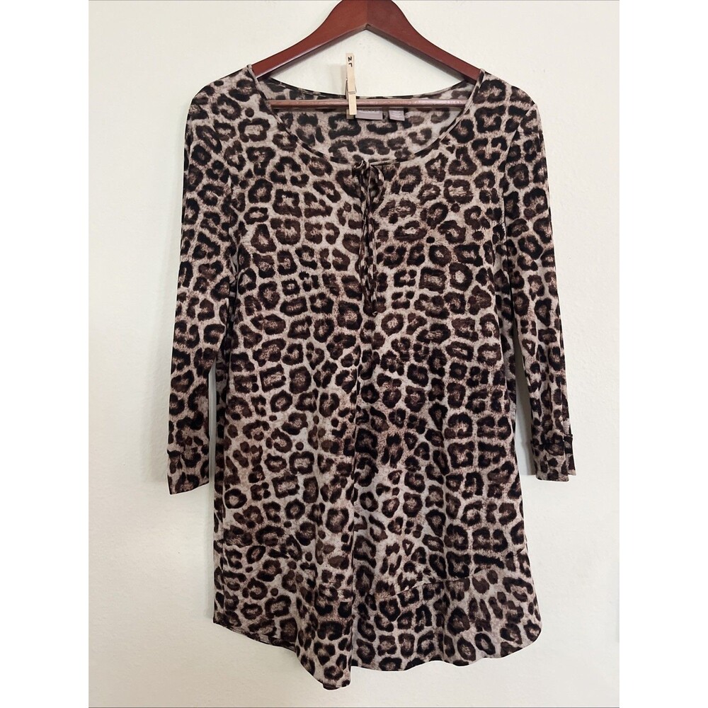 Chico's Leopard Print Mesh 3/4 Sleeve Round Tie V Neck Top Blouse SZ 1 M